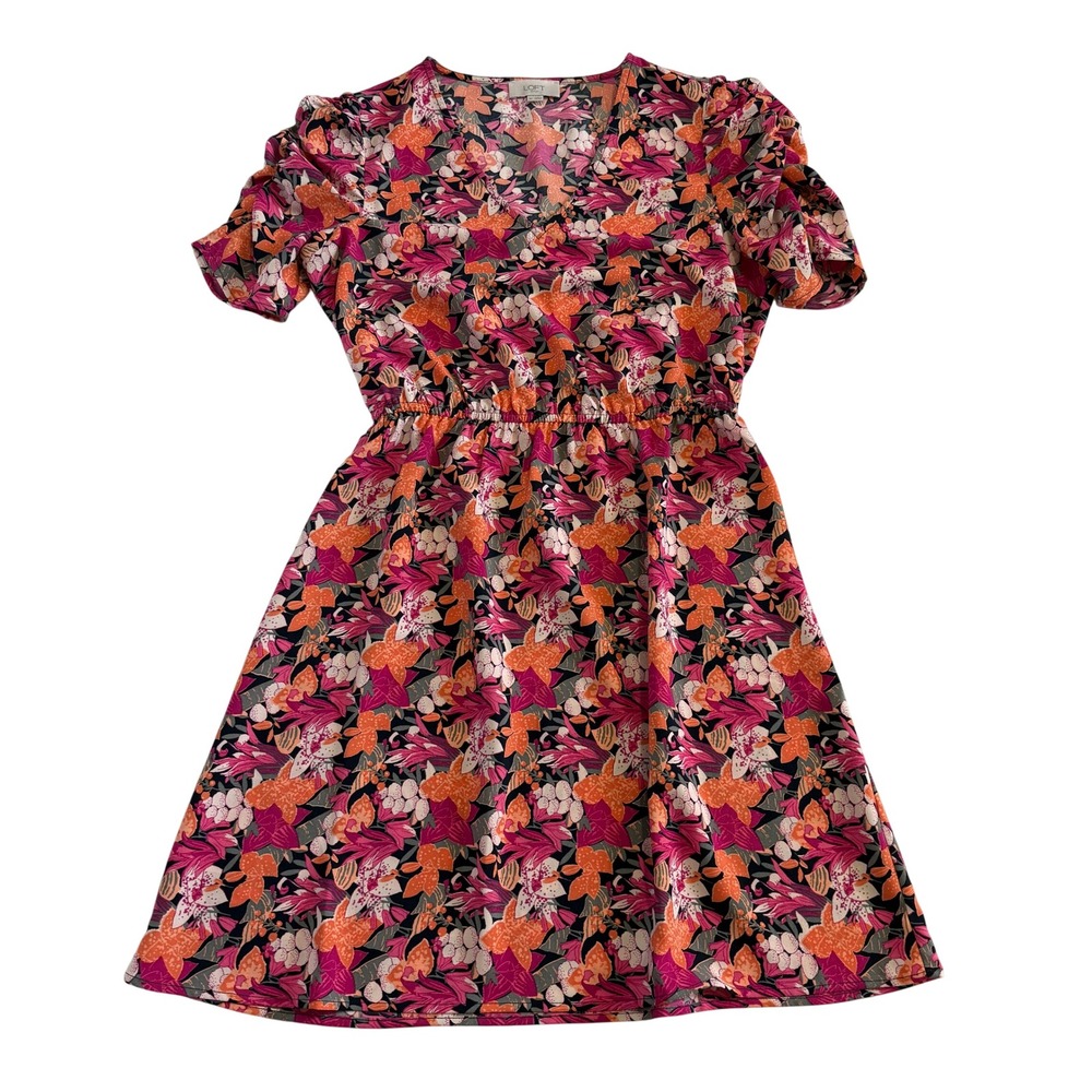 Loft Outlet Womens XS Tropical Floral V-Neck Elastic Waist Mini Dress Pink